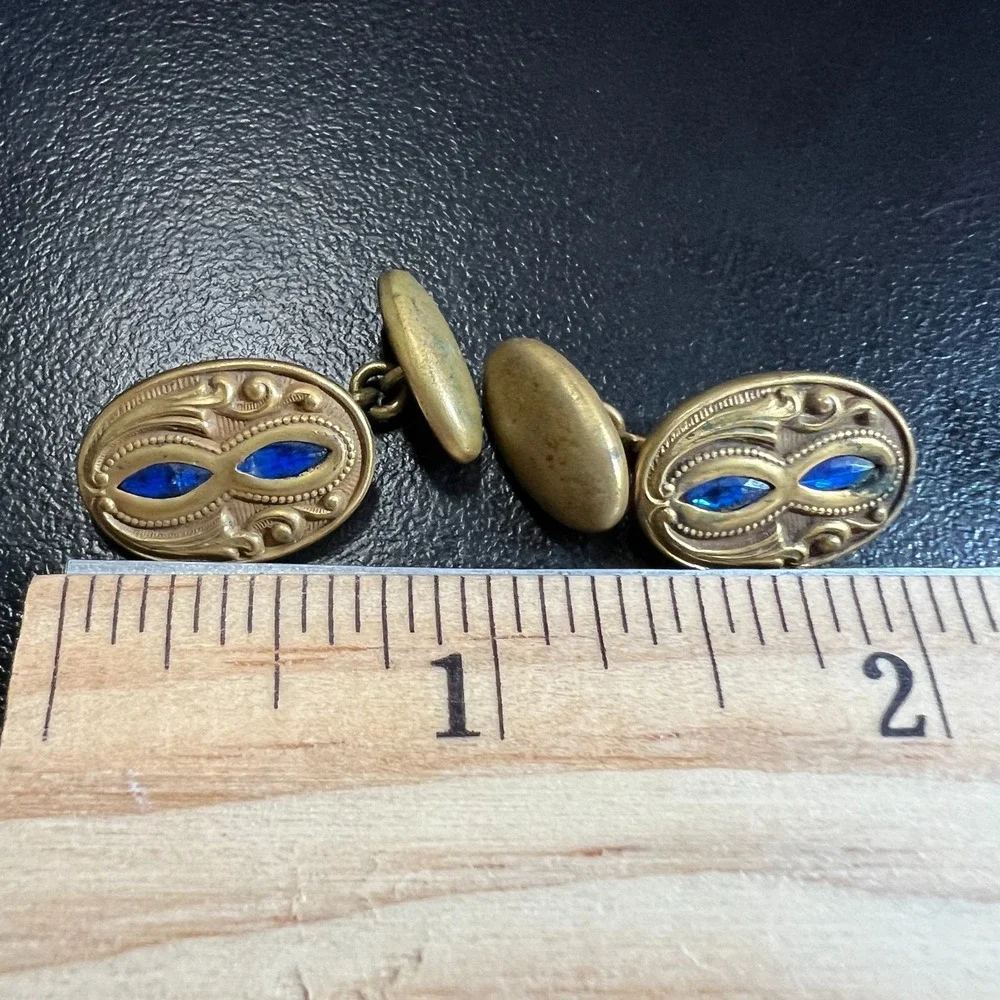 Vintage Mens Cufflinks Gold Tone Blue Glass Art Deco Oval Chain Link
